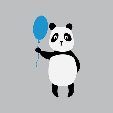 Cute cartoon panda holding blue balloon isolated on grey background. Friendly happy black and white animal standing and smiling - flat vector illustration.のイラスト素材
