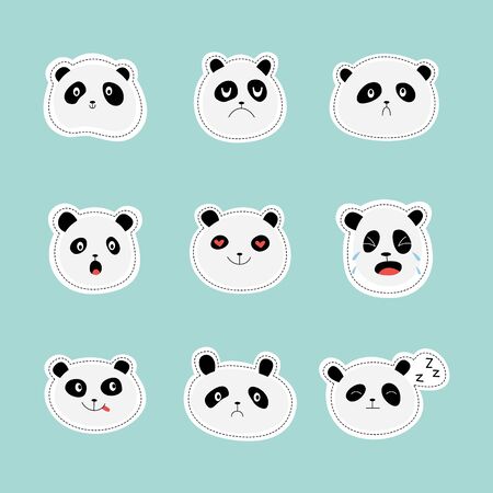 Set of stickers or emoticon faces of panda cartoon characters, flat vector illustration isolated on blue background. Comic pandas faces with different emotions.のイラスト素材