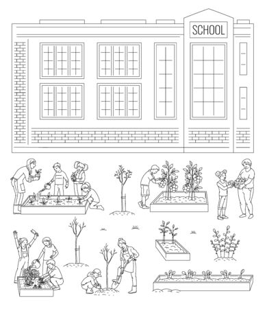 Children working in school garden - isolated line art set of kids gardening together near school building, planting trees, watering plants. Flat colorless vector illustration.のイラスト素材