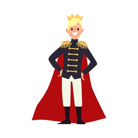 Happy cartoon man in king costume - royal crown, military jacket and red cape isolated on white background. Blond guy smiling - flat vector illustration.のイラスト素材