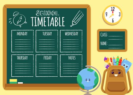 Cartoon school timetable on chalkboard with text template and cute backpack and globe characters smiling - flat vector illustration poster.のイラスト素材