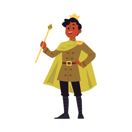 Cartoon man in king costume and gold royal crown holding a sceptre stick and smiling - happy young man with dark skin wearing prince cape. Flat isolated vector illustration.のイラスト素材
