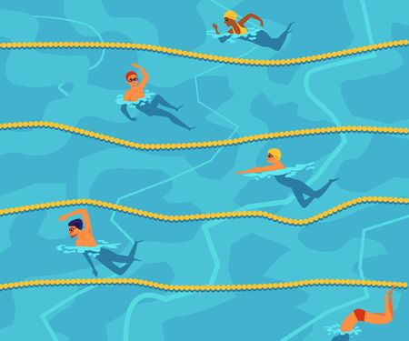 Pool race - people in sport competition swimming in blue water inside lane lines with different swim styles. Flat poster vector illustration of swimmer athletesのイラスト素材