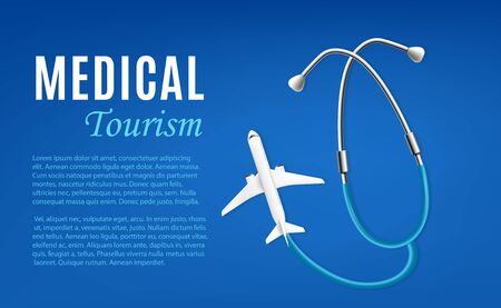 Medical tourism banner template with plane and stethoscope on blue background, realistic vector illustration. Travel for medical and health treatment purpose.のイラスト素材