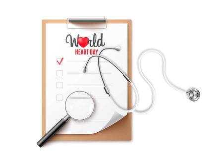 Banner template for World Health Day with medical instruments, realistic vector illustration on white background. Healthcare and medicine topic mockup or layout.のイラスト素材