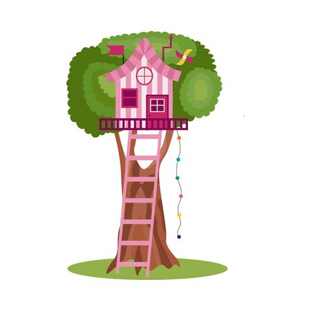 Treehouse for kids with swing and ladder, flat cartoon vector illustration isolated on white background. House on tree on children playground icon or symbol.のイラスト素材