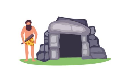 Stone age prehistoric house with primitive man cartoon character, flat vector Illustration isolated on white background. Housing evolution and caveman with weapon.のイラスト素材