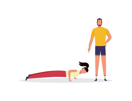 Personal sport workout with training man and woman cartoon characters, flat vector illustration isolated on white background. Fitness coaching and sport plan.のイラスト素材