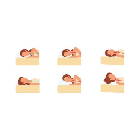 Set of icons, signs and symbols with correct and incorrect poses for sleeping women, isolated vector flat illustration.のイラスト素材