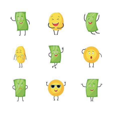 Cartoon money character set, green paper dollar bill and gold coin with arms, legs and facial expressionsのイラスト素材