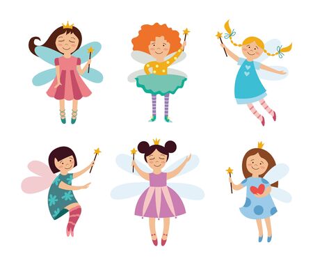 Colorful fantasy set of cute fairies or elves girls with wings cartoon flat vector illustration isolated on whiteのイラスト素材