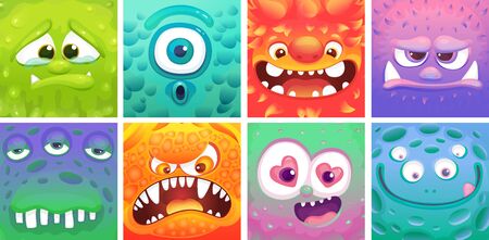 Cute colorful cartoon monster set - different facial expressions of alien animals. Sad, surprised,...