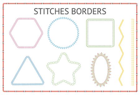 Set of seamless stitch borders or frames of different shapes isolated on whiteのイラスト素材