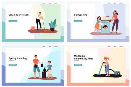 Set of flat vector cartoon illustrations, family house or home cleaning. Banner and poster with women and men, children cleaning house. Mopping, using vacuum cleaner, washing and throwing out garbageのイラスト素材