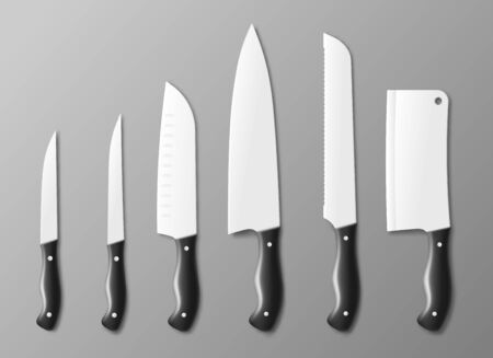 Cooking kitchen knife with steel blade set template, realistic vector illustration isolated on grey background. Professional cooker cutlery equipment or tools.のイラスト素材