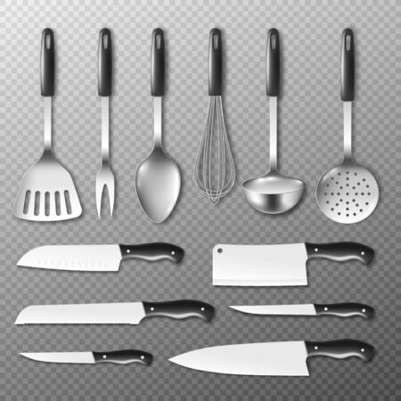 Set of cutlery and kitchen utensils templates, realistic vector illustration isolated on transparent background. Knives and cooking spoons mockups collection.のイラスト素材