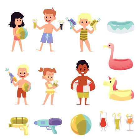 Children cartoon characters on summer pool party or beach, flat vector illustration isolated on white background. Set of kids in swimsuits and toys for water fun.のイラスト素材