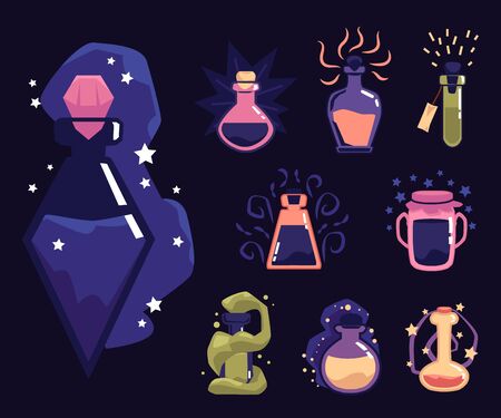 Magic potion bottles and flasks set, cartoon icons vector illustration isolated on black background. Alchemy wizardry elixirs and potions bright symbols.のイラスト素材