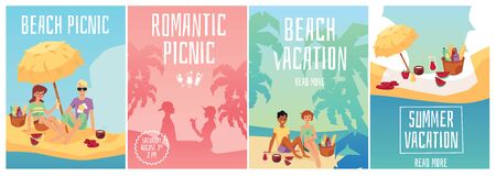 A set of vector banners with a picnic on the beach. Vector flat illustration of happy friends relaxing on the beach.のイラスト素材