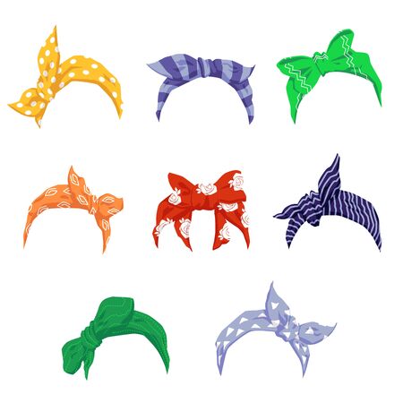 Set retro headband or bandana for woman, cartoon vector illustration isolated on white background. Hairstyle fashion decorative summer costume element collection.のイラスト素材