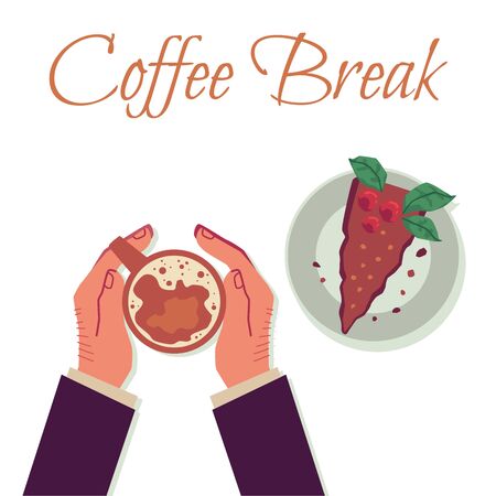 Coffee break - hands holding cup with warm drink and plate with piece of cake from top view isolated on white background. Breakfast meal - flat vector illustration.のイラスト素材