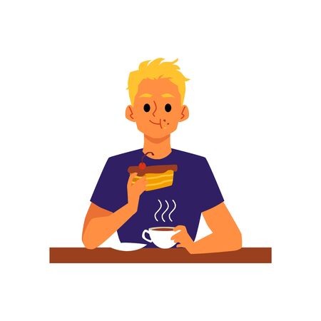 Blonde man cartoon character drinking tea or coffee with dessert, flat vector illustration isolated on white background. Food and eating, cafe meal and lunch time.のイラスト素材