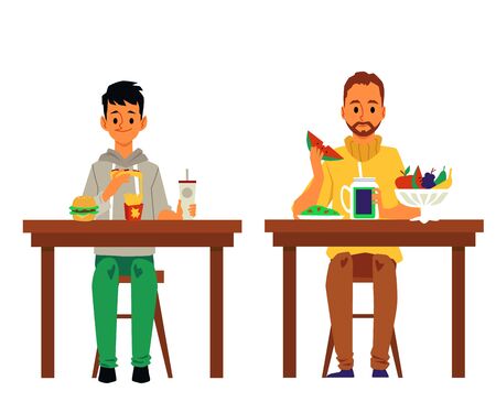 Two men eating healthy and unhealthy food at separate tables - cartoon people with different nutrition diets having a meal. Isolated vector illustration.のイラスト素材