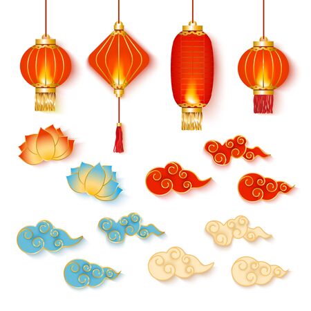 Set of red hanging Chinese lanterns with decorative oriental traditional flowers and blue and white clouds. Set of vector isolated illustrations with chinese lanterns and lamps, clouds and flowers.のイラスト素材
