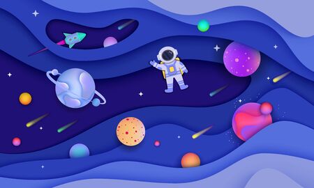 Paper cut out galaxy banner with cartoon planets and astronaut on colorful space background - modern astronomy poster with fluid abstract shapes - vector illustration.のイラスト素材