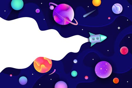 Colorful blue galaxy banner with cartoon rocket leaving white trail - colorful space poster with text template copy space with flowing planets and fluid shapes - vector illustration.のイラスト素材