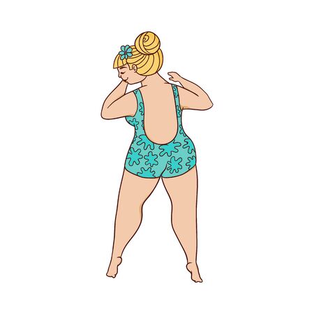 Caucasian fat woman blonde in a swimsuit lies back up, flat vector isolated female illustration, body positive concept.のイラスト素材