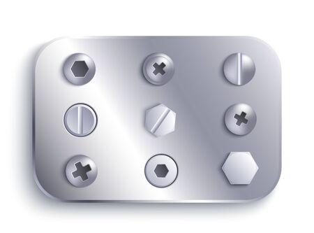 Metal circle screw head set on steel plate, various silver steel bolt cap shape and design collection. Shiny iron rectangle piece with industry tool types - isolated realistic vector illustrationのイラスト素材