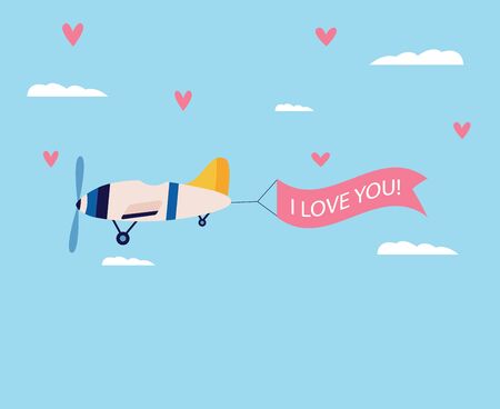 Flying airplane and ribbon with I Love You inscription, romantic banner flat cartoon vector illustration. Poster or greeting card for Valentines day, wedding invitation.のイラスト素材