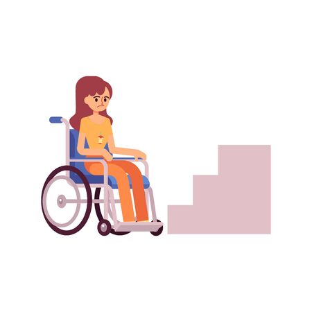 Sad disabled girl in wheelchair looking at stairs, cartoon character with disability disappointed at inaccessibility, handicapped person problem - flat isolated vector illustration on white backgroundのイラスト素材