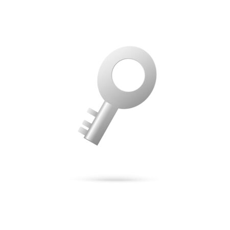 Little short metal key floating in air isolated on white background - small size silver steel locking key with round hole. Vector illustration.のイラスト素材