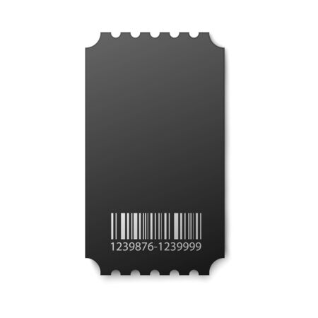Black movie ticket stub - isolated realistic mockup of cardboard raffle coupon with white barcode isolated on white background. Vector illustration.のイラスト素材