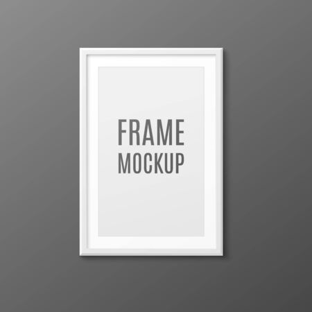 Realistic white photo frame mockup hanging on dark grey wall - blank mockup for rectangle photograph or portrait picture, vector illustration.のイラスト素材