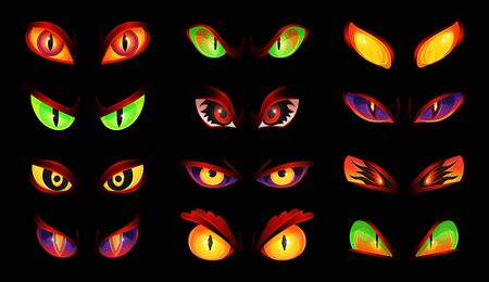 Set of colorful staring and glowing fantasy evil or animal eyes, realistic vector illustration isolated on black background. Spooky element of Halloween design.のイラスト素材