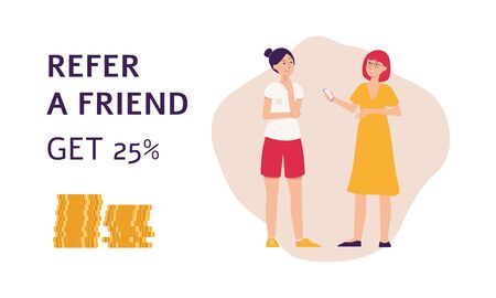Refer a friend banner with young women cartoon characters giving recommendation use company services, flat vector illustration. Referral loyalty program or club advert.のイラスト素材