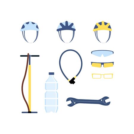 Set of bicycle accessories for cycling. Bicycle helmets and pump, bottle and wrench, glasses. Isolated flat vector illustration of accessories for cycling.のイラスト素材