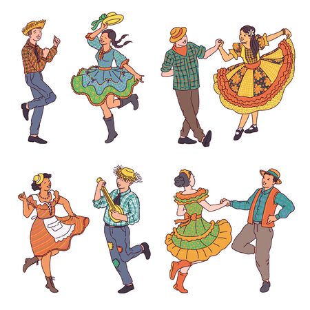 Festa Junina Brazil June Festival dancers men and women cartoon characters set, sketch vector illustration isolated on white background. Elements for cards and banners.のイラスト素材