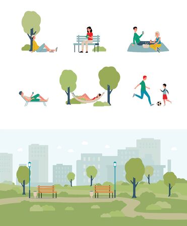 City park summer family weekend and leisure activity scenery set with people cartoon characters and landscape background, flat vector illustration isolated.のイラスト素材