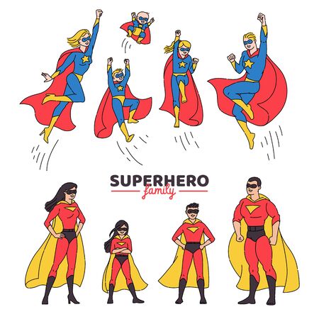 Set of superhero family cartoon characters in two various costumes of comic superpower heroes, sketch vector illustration isolated on white background.のイラスト素材
