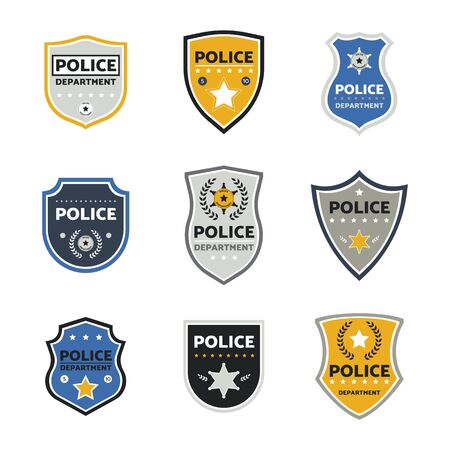Cartoon police badge set isolated on white background, shield shaped emblem collection for law enforcement officers with star symbol. Vector illustration.のイラスト素材