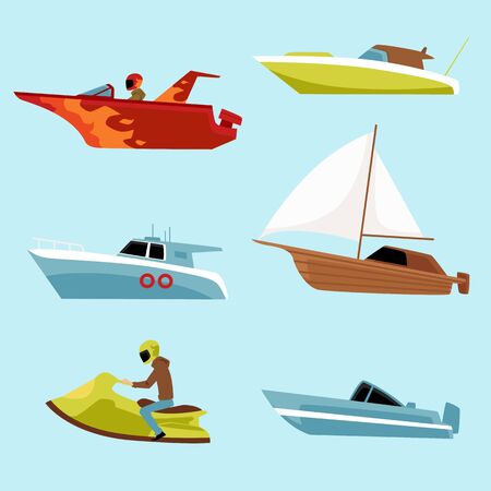 Speed motorboat icons set, flat vector illustration isolated on blue background. Nautical collection of summer vacation and transportation on motorized water vessel.のイラスト素材