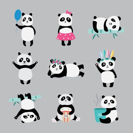 Cute panda bears in costumes playing, eating and sleeping - flat sticker pack isolated on grey background. Cartoon animals with balloon, headdress, tea cup etc - vector illustrationのイラスト素材