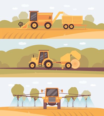 Harvest farm banner set - agricultural machinery on wheat field - industrial machines collecting crops, rolling hay and doing water irrigation. Flat vector illustration.のイラスト素材