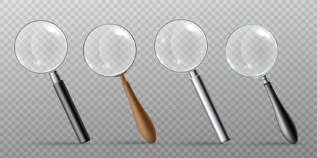 Set of magnifying glasses or magnifiers realistic vector templates illustration isolated on transparent background. Optical equipment or zoom lens loupe mockup.のイラスト素材