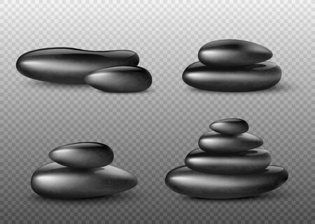 Set of black SPA massage stone towers and piles, realistic vector illustration isolated on transparent background. Oriental relaxation and therapy technique with rocks.のイラスト素材