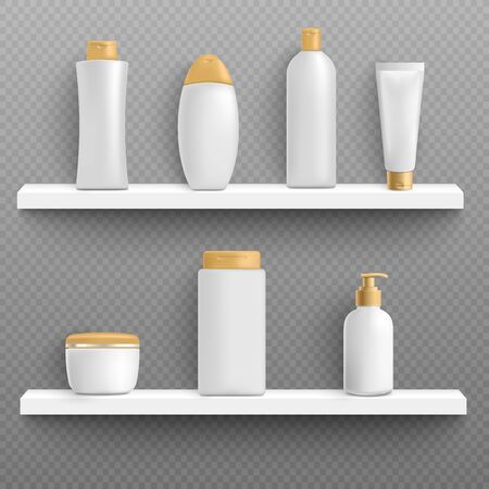 White blank cosmetic and hygiene beauty treatment product packages and containers on shelves, realistic vector mockup illustration isolated on transparent background.のイラスト素材